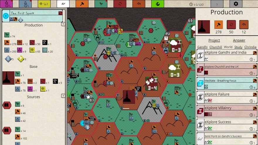 A map screen from Nikhil Murthy’s Syphilisation, showing a hexagonal expanse of regions and terrain with menus to either side