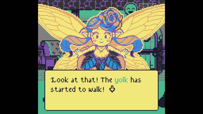 A fairy queen with big wings saying “Look at that! The yolk has started to walk!” in pixelart pet game Yolk Heroes