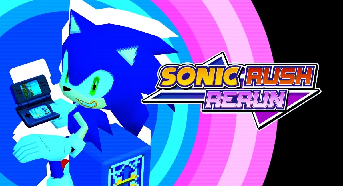 A colourful image of a 3D pixellated Sonic the Hedgehog, playing on his Nintendo DS while swivelling around to grin at the viewer, with the Sonic Rush Rerun logo on the right. - 1