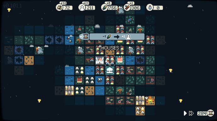 A tile-based pixelart city in the darkness from the strategy game Dawnfolk