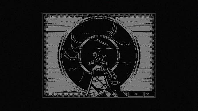 A black-and-white pixelart screenshot of a first-person game with the player aiming a gun through circular alcoves at an indistinct bipedal horror. From the game Repose.