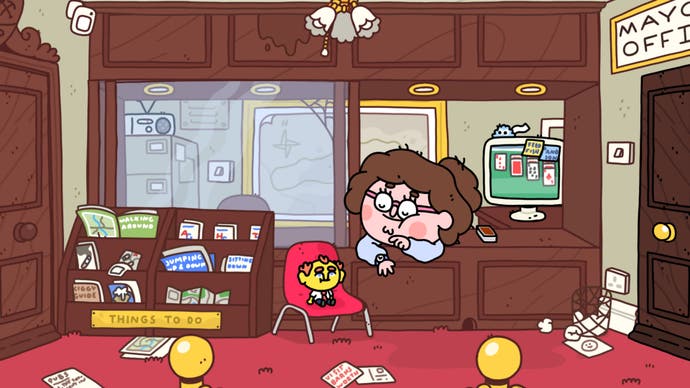 Thank Goodness You're Here! screenshot showing you being very small on a chair waiting at the mayor's office