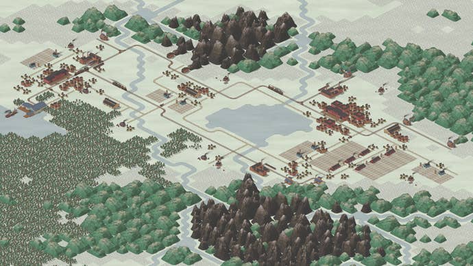 An isometric procedurally generated landscape from Times Of Progress, showing cities linked by railways among hills, mountains and forests.