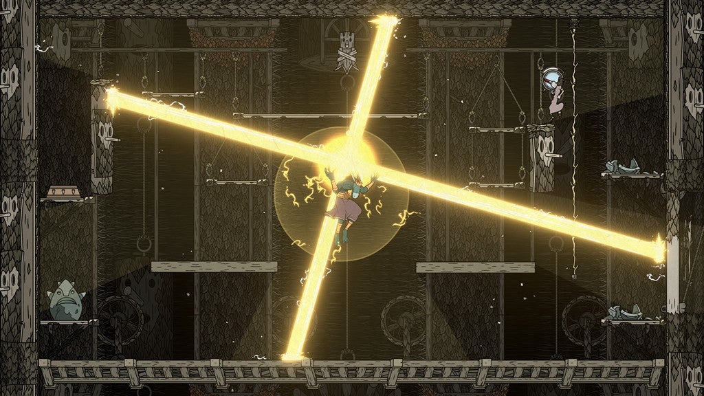 A character levitating and firing cross-shaped energy beams from their head in Saviorless - 1