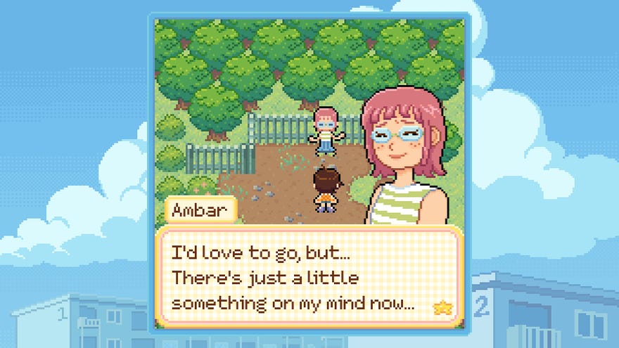 A 2D pixelart scene of a girl talking to a woman near trees, reminiscent of Game Boy Advance RPGs