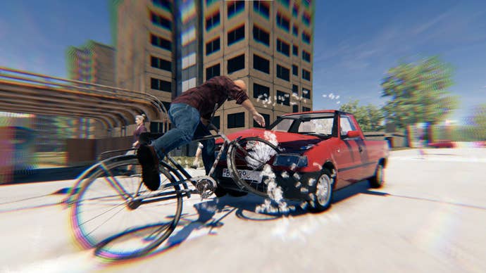 A bike rider colliding with a red car in Vivat Slovakia