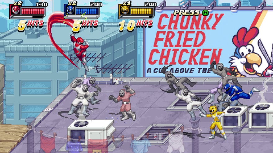 A scene of players fighting on a roof with a chicken signboard in the background in the new Power Rangers game from Digital Eclipse