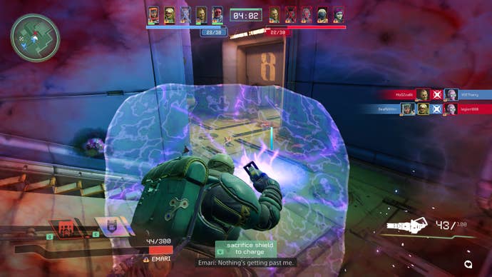 A screenshot of Concord, showing the character Emari using an energy shield to protect herself from attacks.