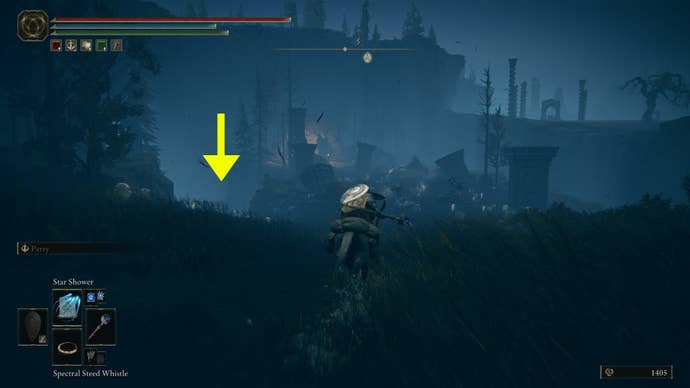 Part 1 of the route to get to the Cerulean Coast in Shadow of the Erdtree. The Tarnished rides Torrent through an enemy camp near the Castle Front Site of Grace, with an arrow showing the path to take.