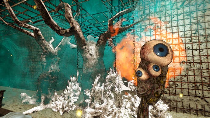 A first-person view of somebody wielding a bat covered in eyeballs while looking at some manky trees in weird comedy shooter Golden Light