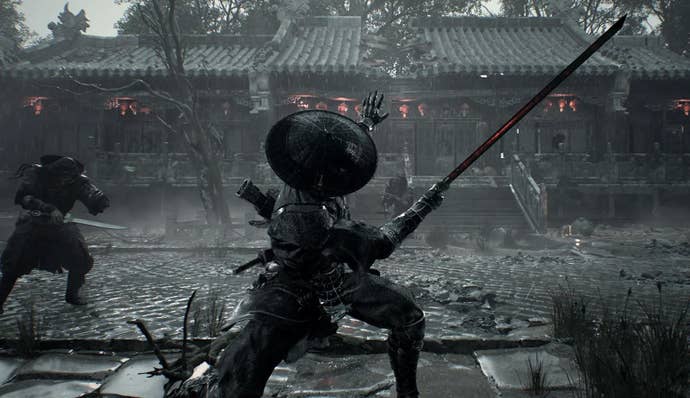 A picture of Dark Raider, protagonist of Phantom Blade Zero, swinging a sword around in a rainy, muddy courtyard