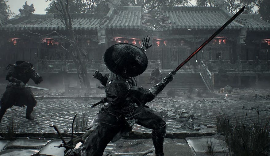 A picture of Dark Raider, protagonist of Phantom Blade Zero, swinging a sword around in a rainy, muddy courtyard