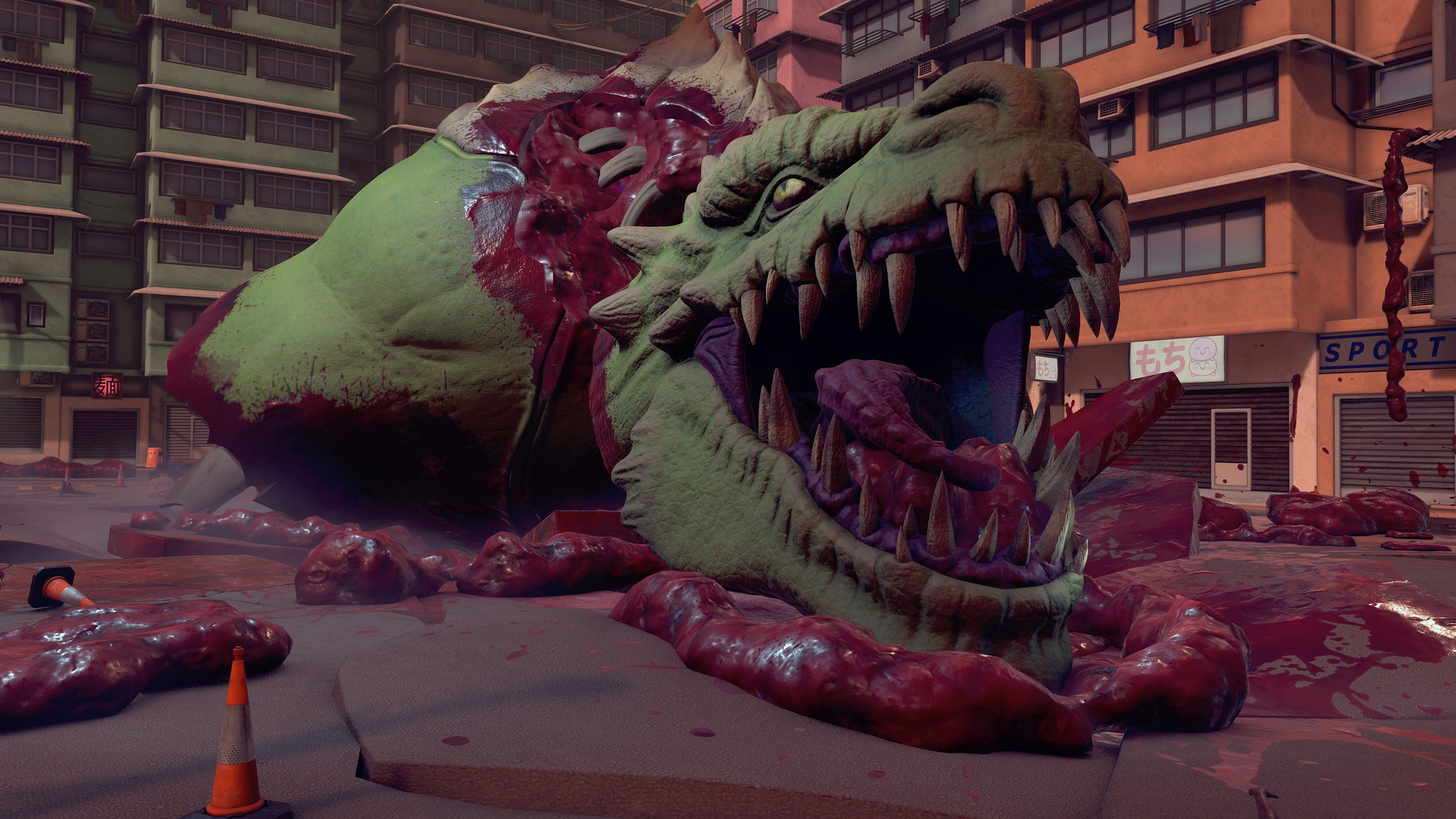 A huge dead lizardlike kaiju with its guts all over the city streets. - 1