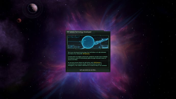 A screenshot of the Stellaris Astral Rift DLC, showing a new technology needed to navigate an astral rift
