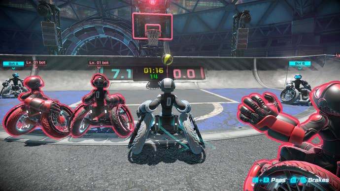 Drag x Drive screenshot showing you after shooting, surrounded by red opponents