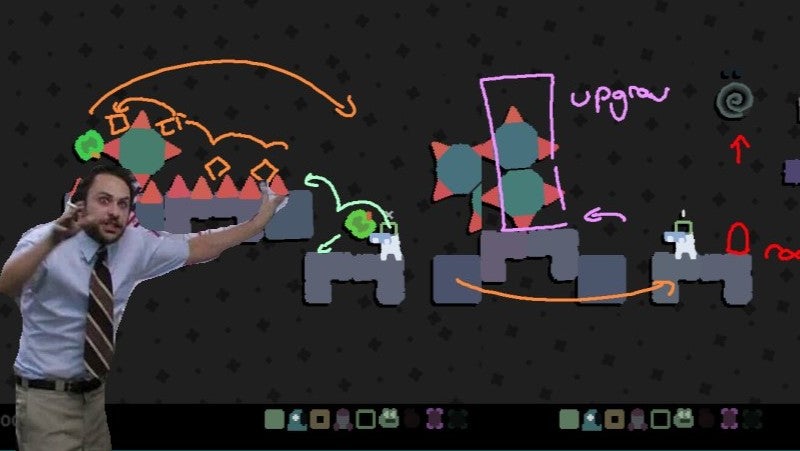 A parody image of immersive sim Mosa Lina showing a conspiracy theorist pointing to a doodled-on screenshot of the game