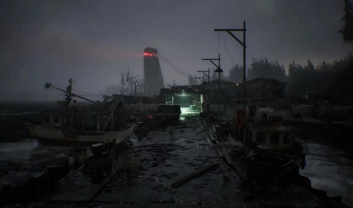 A dark waterside destroyed enviromnent with a strange red-lit modern tower in the distance