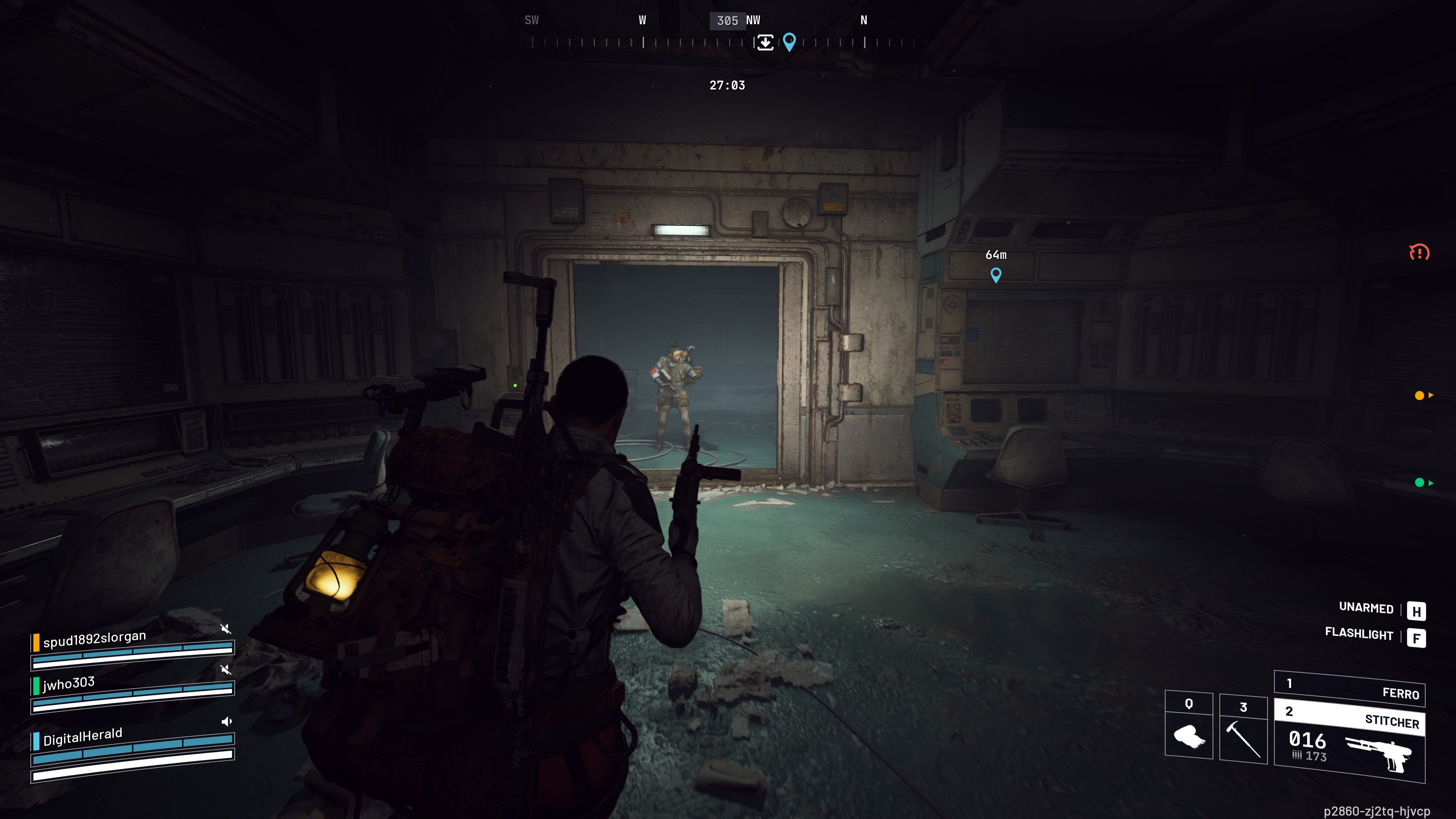 A screenshot of Arc Raiders, showing the player encountering another raider through a doorway in a power station.
