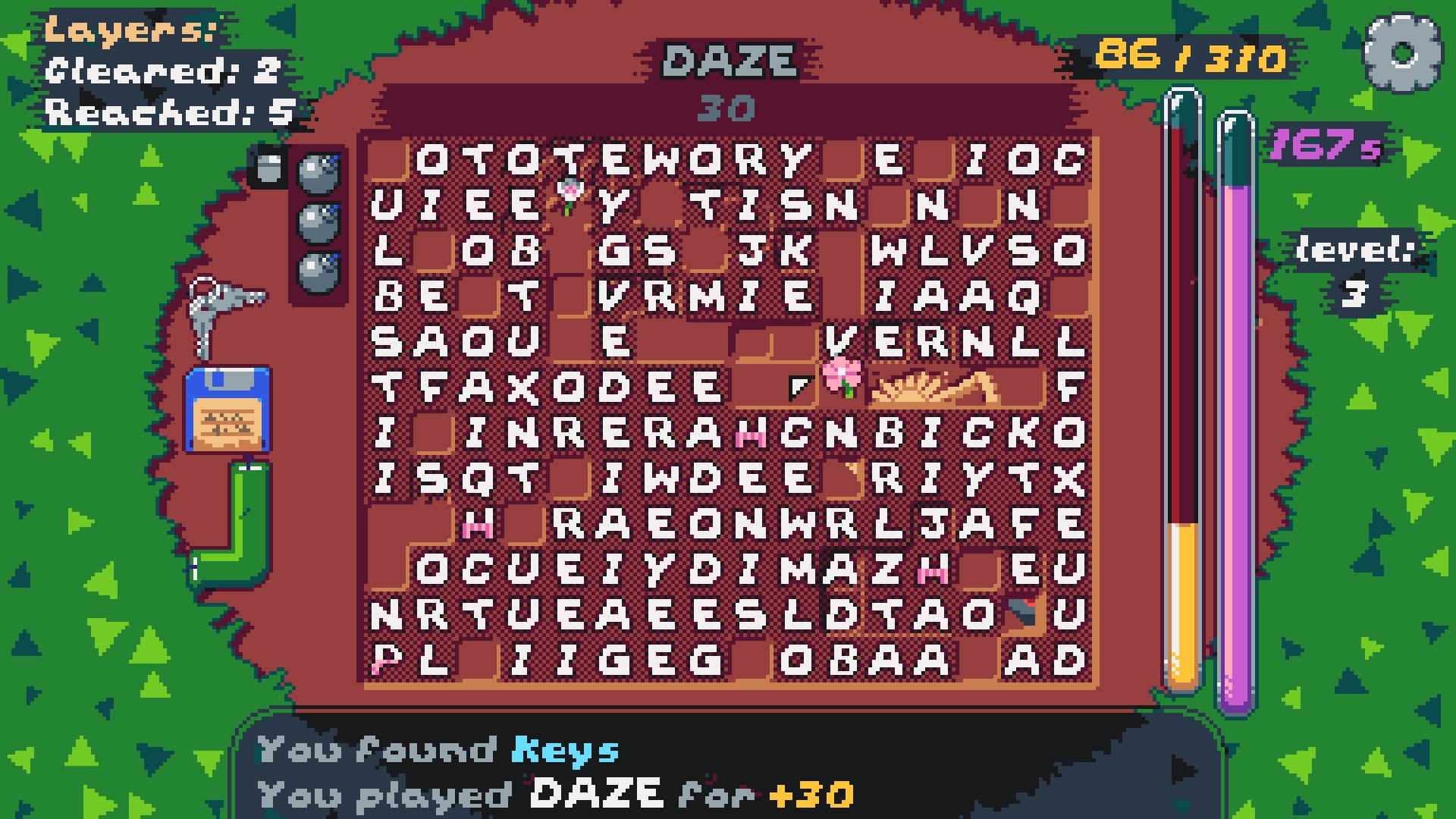 A word puzzle grid in a patch of dirt with timers and archaeological finds - 1