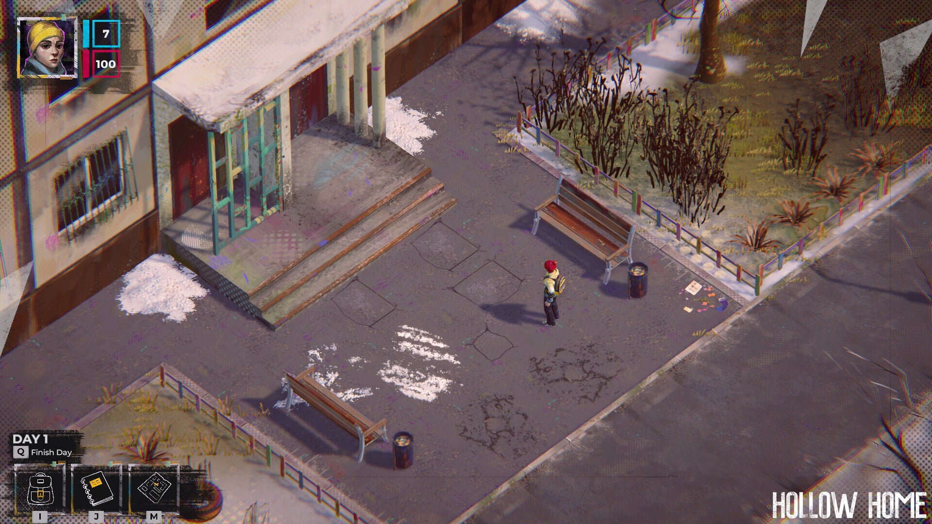 An outdoor scene from Hollow Home, showing a boy standing in a yard by a bench with an entrance to the north-west and trees nearby - 1