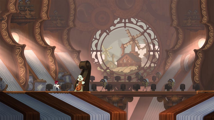 A room with a huge circular window showing a windmill on a hilltop in Symphonia