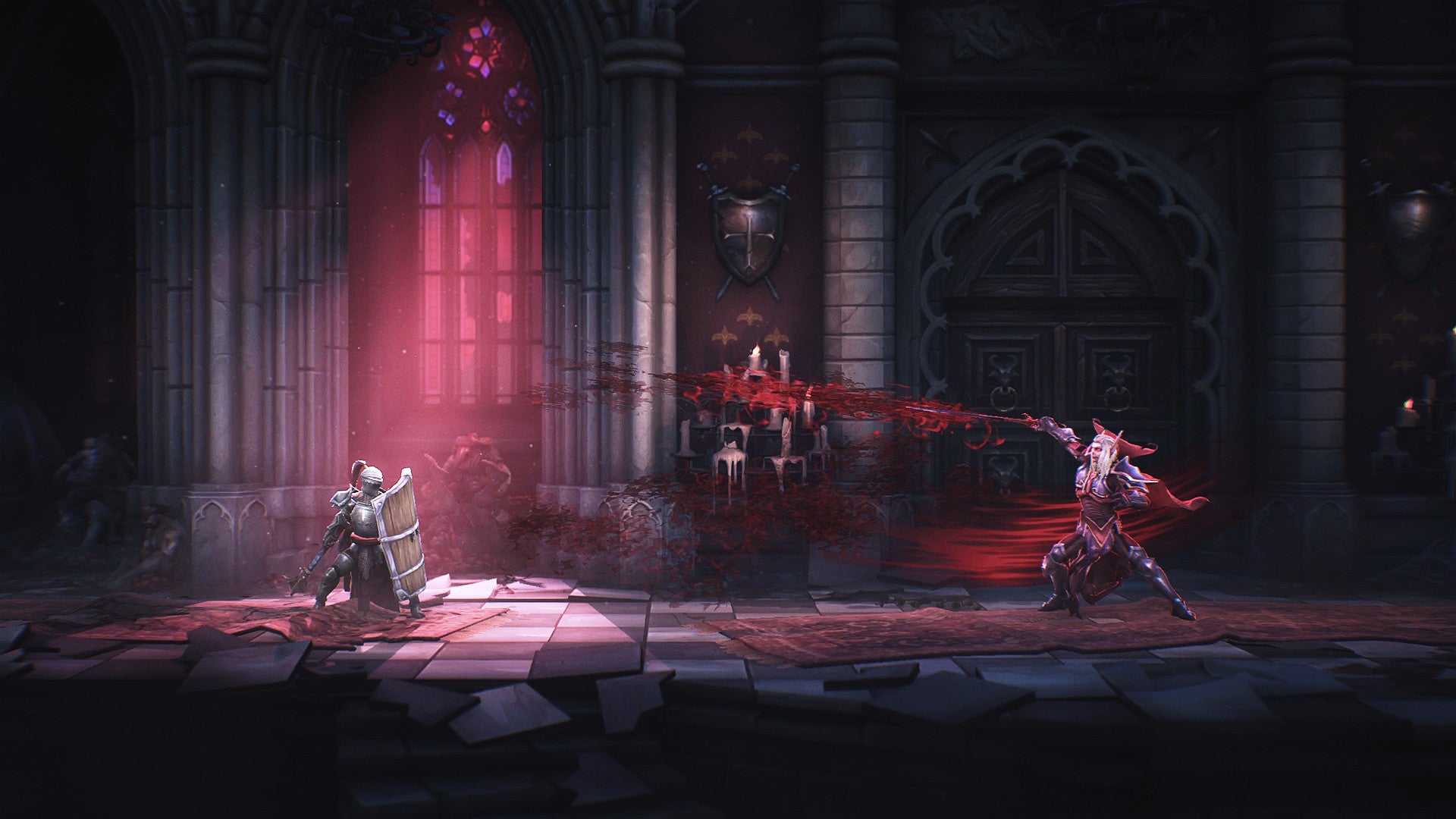 A knight with a shield facing off against a vampire-looking enemy equipped with a bloodwhip, in a Gothic castle interior. From the video game Mandragora - 1