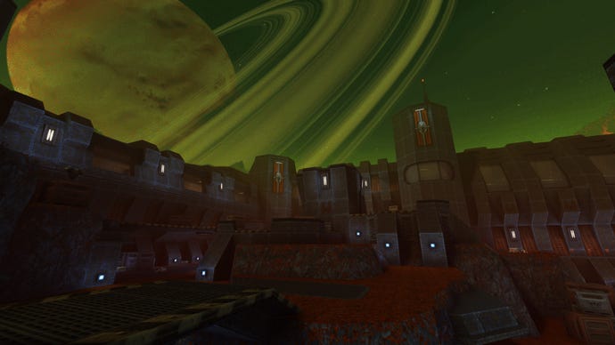 A shot of a nearby planet's rings in the Quake 2 remaster
