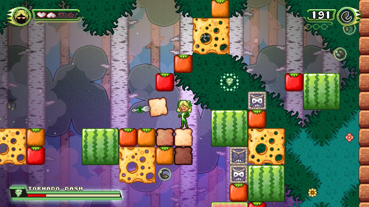 A 2D platform level made up of blocks of melon, toast and cheese, with a platform character who looks like a little green wizard, and is wielding a spork with her telekinetic powers. The game is Psycutlery. - 1