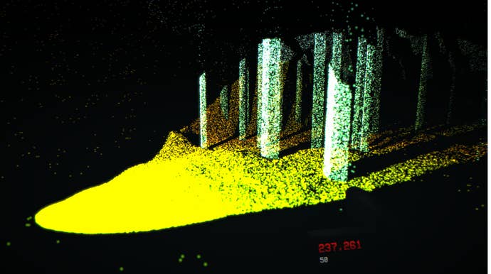 A swathe of tree trunks illuminated green and yellow by a LiDAR scanner in LiDAR Exploration Program