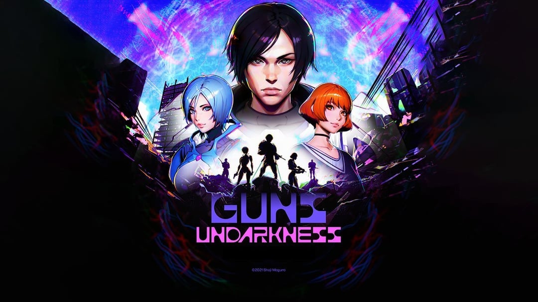 Character art for Guns Undarkness, showing a young man, a robot woman with blue hair and a young woman with red hair looking out over the game's title text. - 1