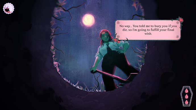 A screenshot of a visual novel in which the player character is being buried alive by their girlfriend, showing the aforesaid girlfriend staring impassively down at you