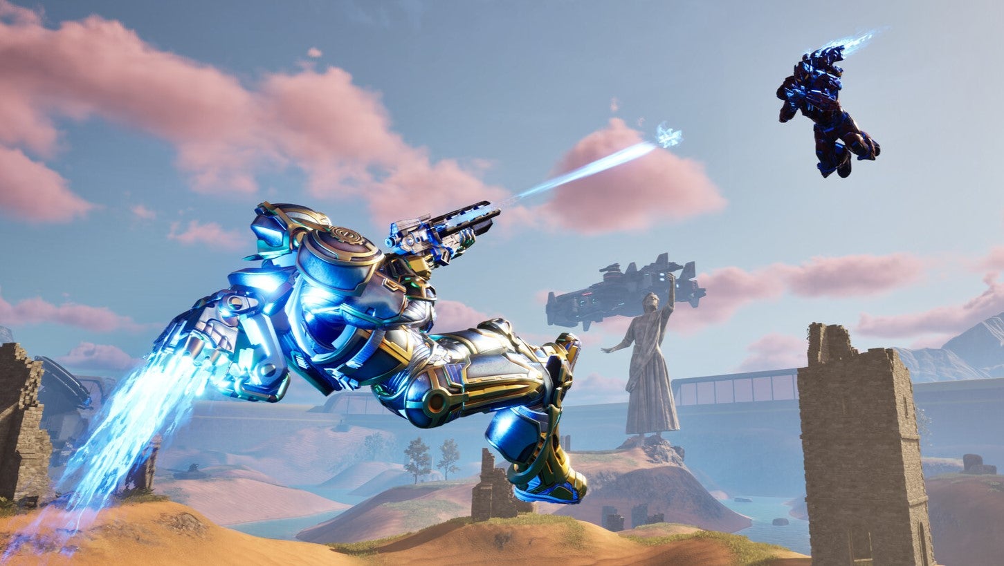 Two players shooting at each other in midair on a sunny map in Tribes 3: Rivals.