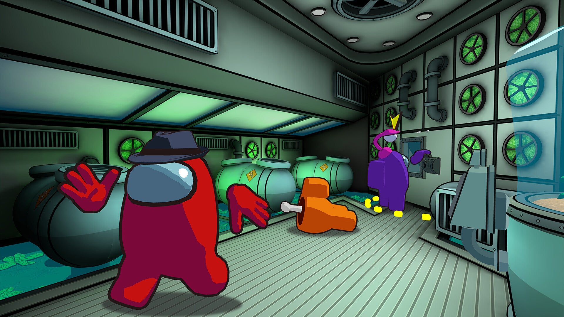 An Among Us player in a red beanie spacesuit standing over another player's hacked-up corpse, waving at the camera - 1