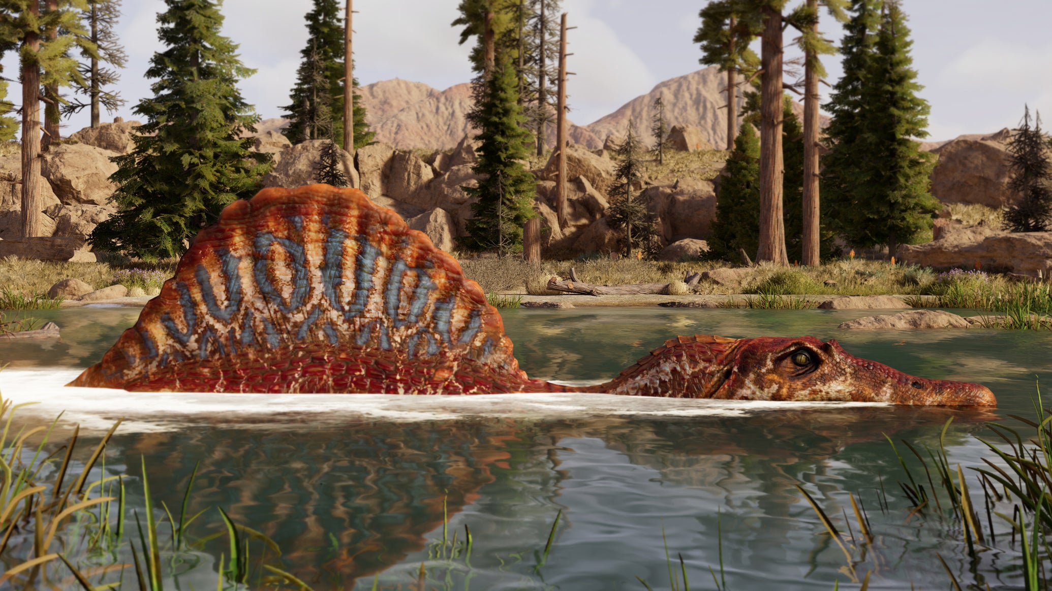 A half-submerged red-coloured dinosaur with a big dorsal fan in Jurassic World Revolution 3, swimming across a lake with trees behind. - 1
