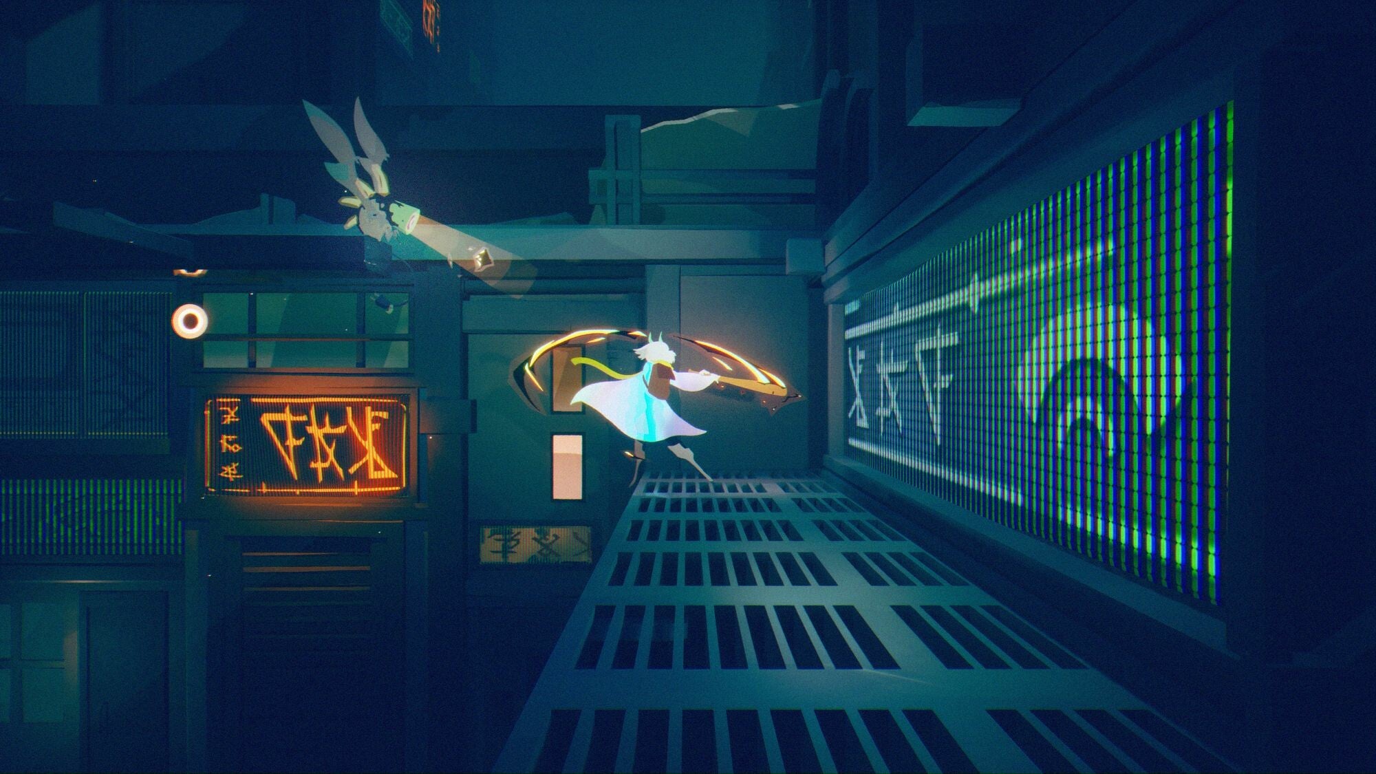 A demon-possessed girl fighting flying hellspawn in a dingy high-tech lab from Possessor(s) - 1