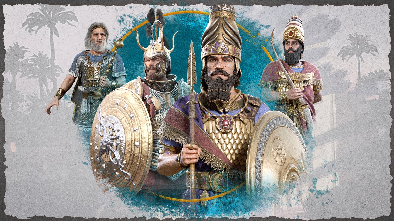 Some character art for Total War: Pharaoh's Dynasties update, showing men in helmets with gold shields and the biggest beards you ever saw, just the most fantastic beards - 1