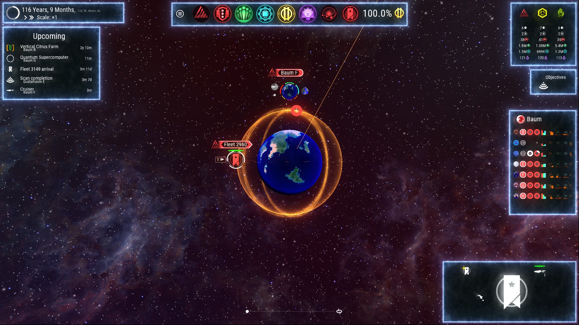An Earthlike satellite  with outer  orbits marked successful  orangish  successful  Stellar Reach.
