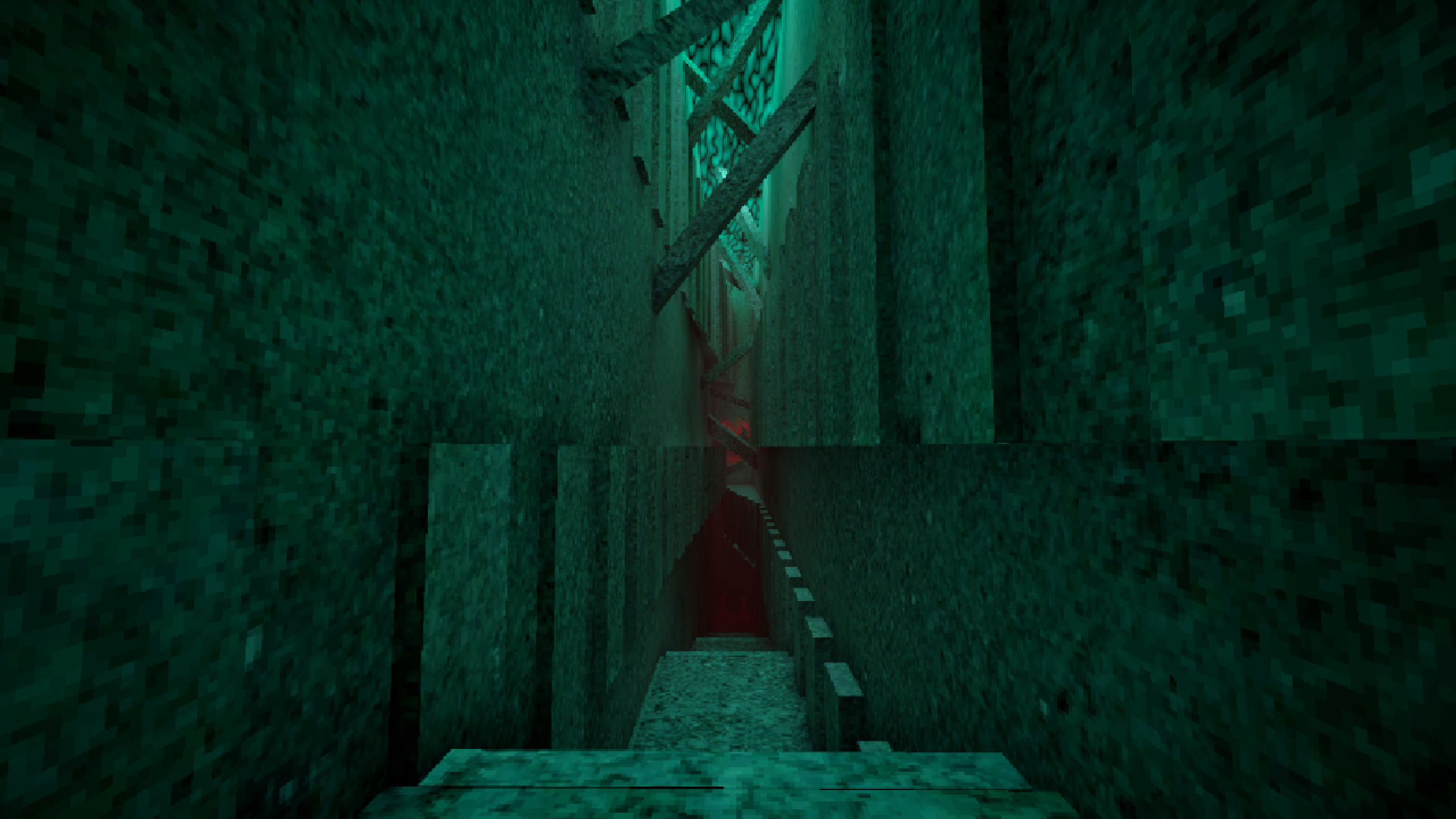 A greenish-black stone corridor with a stairway leading down and strange slanting structures above in first-person horror game Blessed Burden