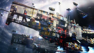 A lavish colourful drafting of a large spaceship surrounded by smaller trade from a conception artwork for Nullspace.