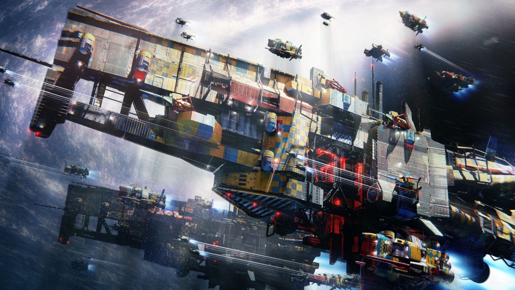 A lavish colourful drawing of a big spaceship surrounded by smaller craft from a concept artwork for Nullspace. - 1