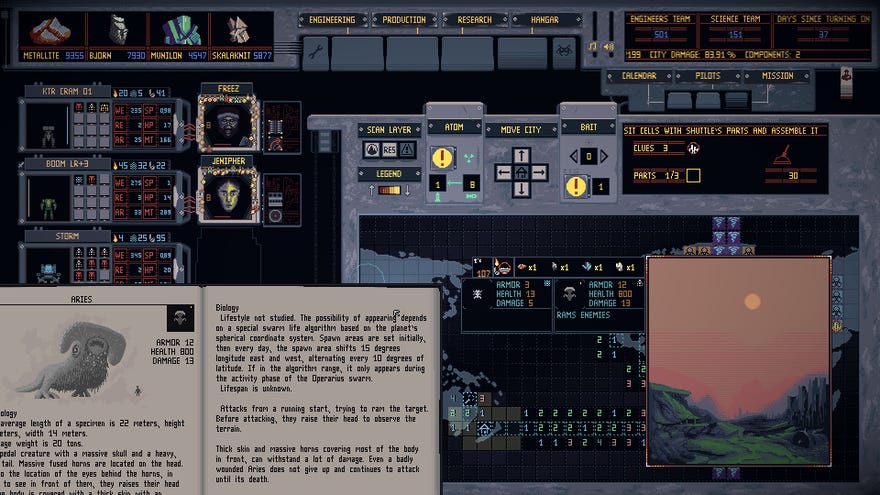 A screenshot of Mech Engineer showing a bestiary, view of a landscape, and several tabs of mechs and production facilities