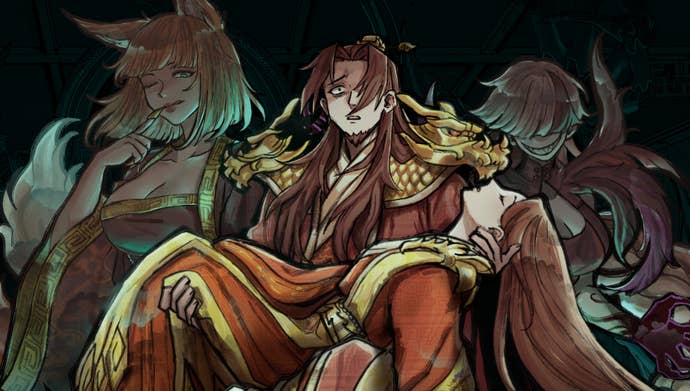 An emperor clutching a dead woman with scary demon ladies behind him in My Lovely Empress