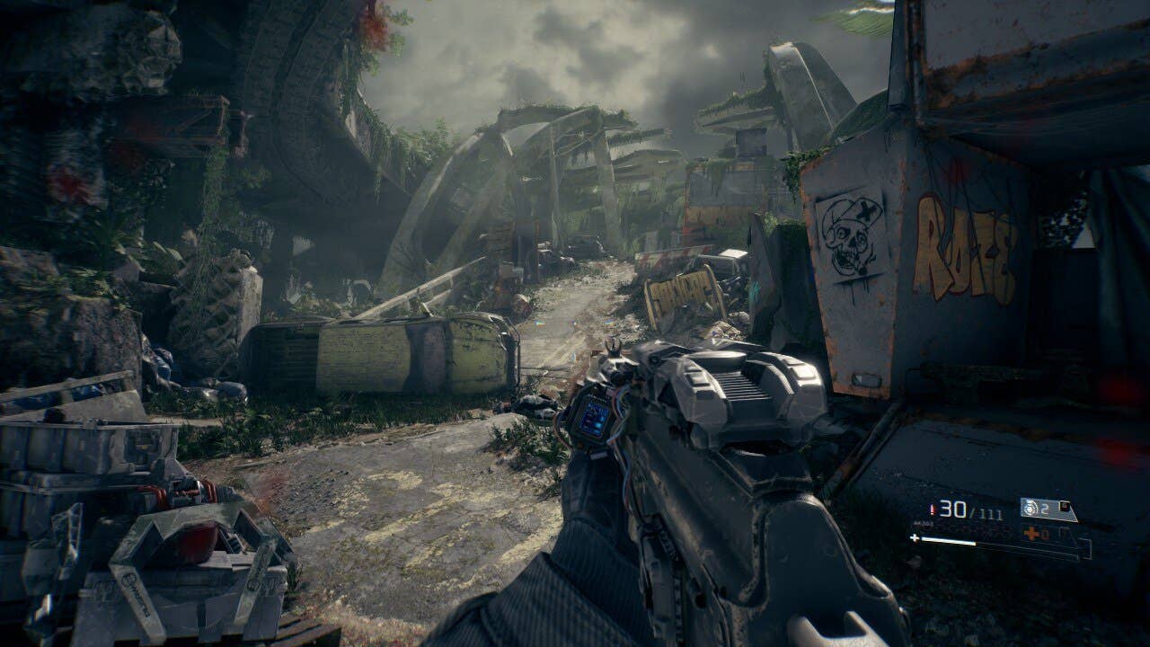 Eine Aussicht auf einen verwirrten und rubblestrewn-Hang in einem Dschungelbereich des Ego-Shooters La Quimera