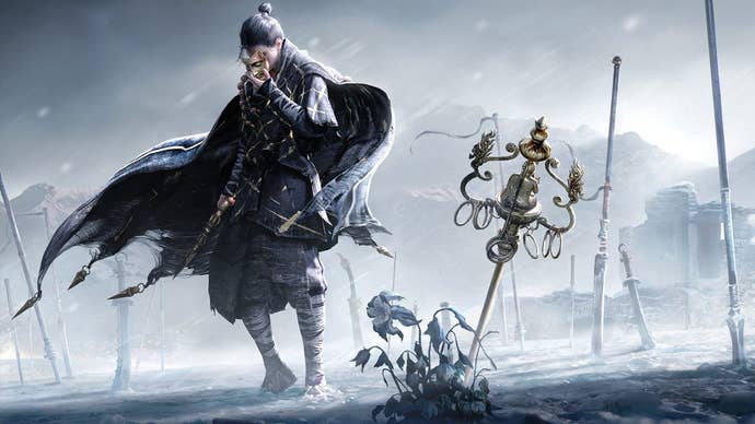 A swordsman removing his disguise connected a snowy wasteland with a unit and different sticks poking retired of it, from Where Winds Meet.
