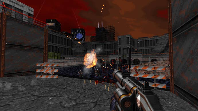 The new Cluster Shot gun in action in Ion Fury’s Aftermath DLC - an enemy is vaporised with a dark city in the background.