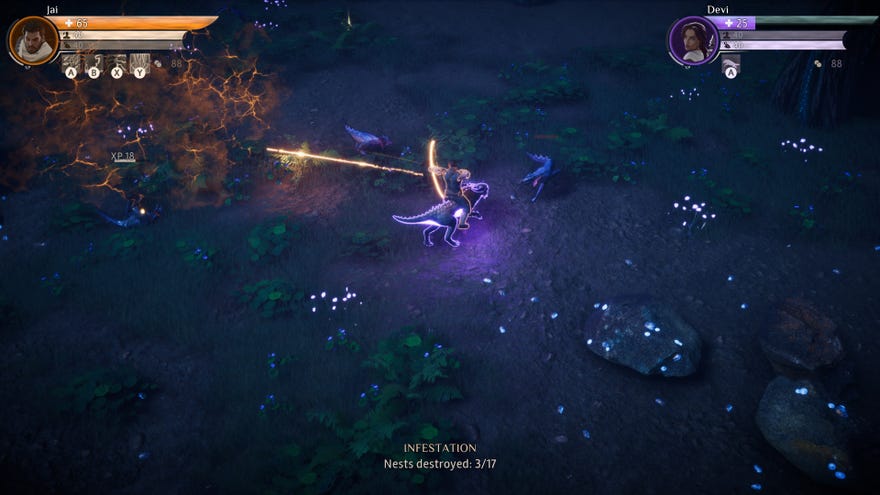 A player riding another, transformed animal player while shooting a bow at some monsters in Coridden