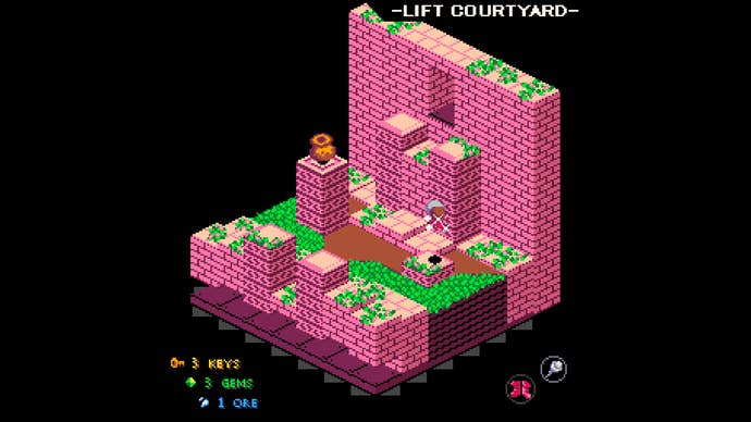 A screenshot of an isometric level puzzler, Elephantasy Flipside. The level shown looks similar a cliff of punk blocks with greenish grass.