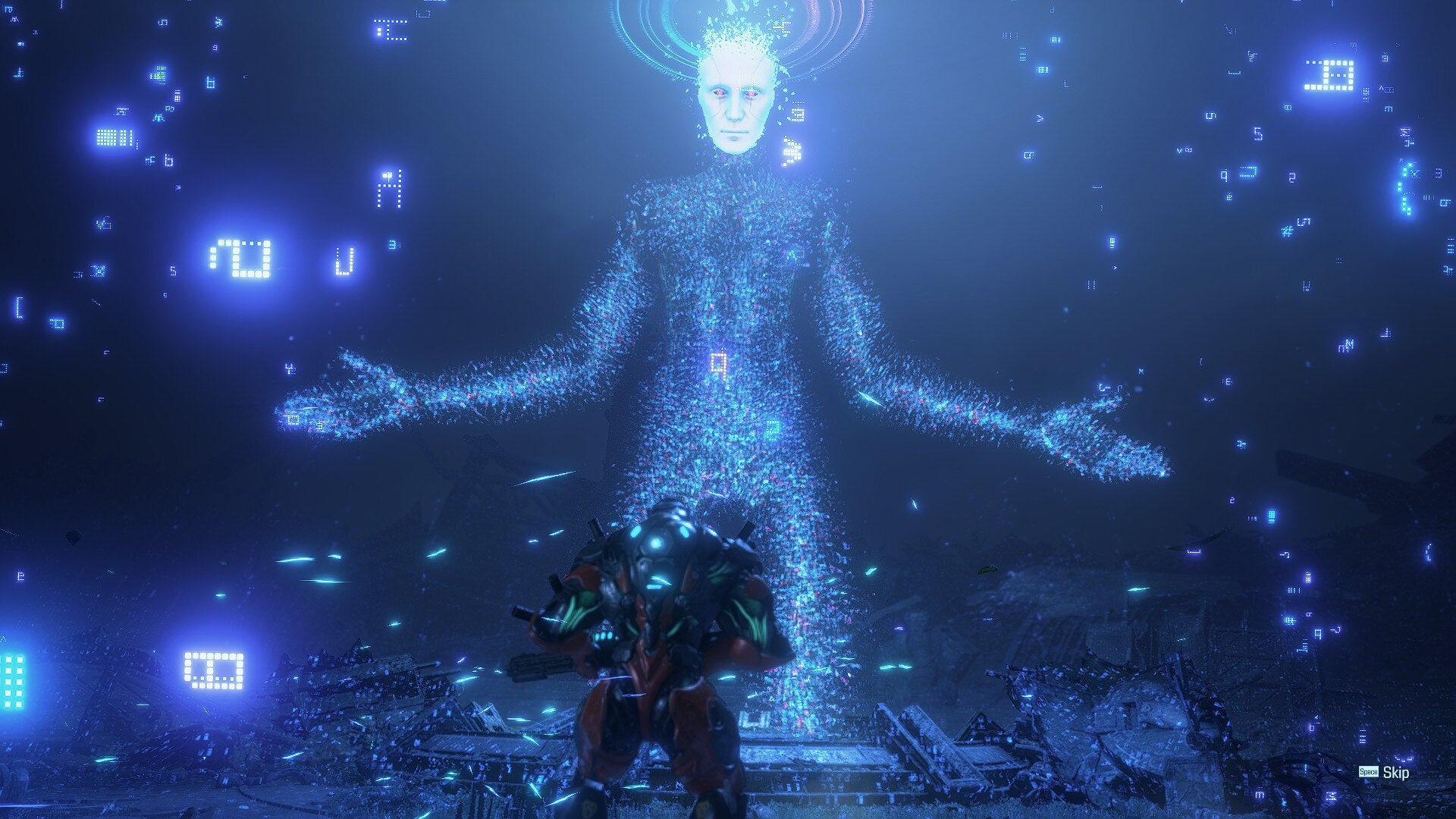 Leviathian, your chief adversary and host in Exoprimal - an AI who portrays itself as a giant humanoid being.