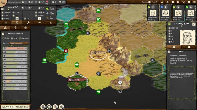 A hexagonal representation of a colourful prehistoric scenery with mountains, trees and grasslands. There are menus and icons connected the near oregon right, showing antithetic aspects of people management. It's from the crippled Folk Emerging.