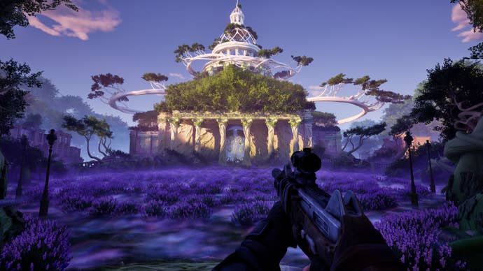 A landscape of purple plants with a huge overgrown building in the distance and a gun in the foreground, from the FPS Forest Reigns